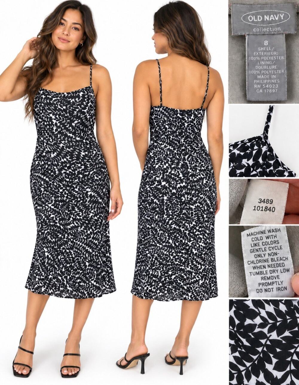 Y2K 2000s Old Navy Women's Slip Midi Dress Size 8 Black White Leaf Print